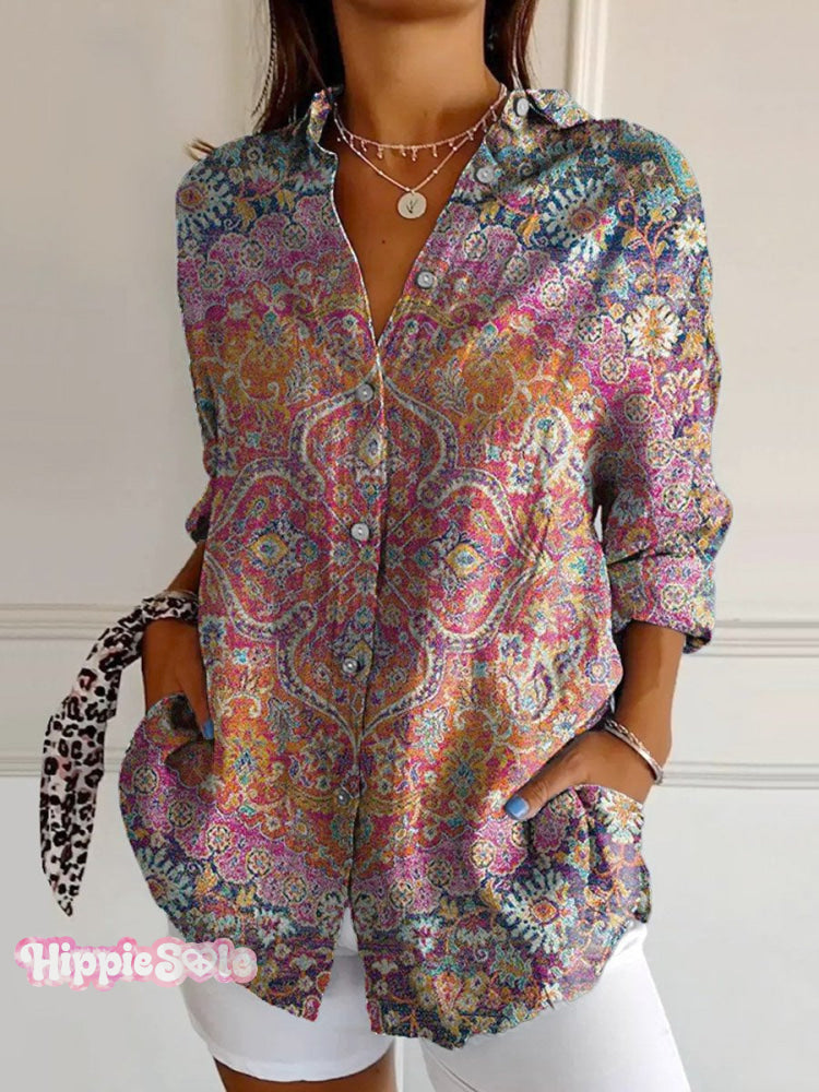 Women’s Vintage Colorful Floral Totem Print Casual Cotton Shirt Multicolor / S