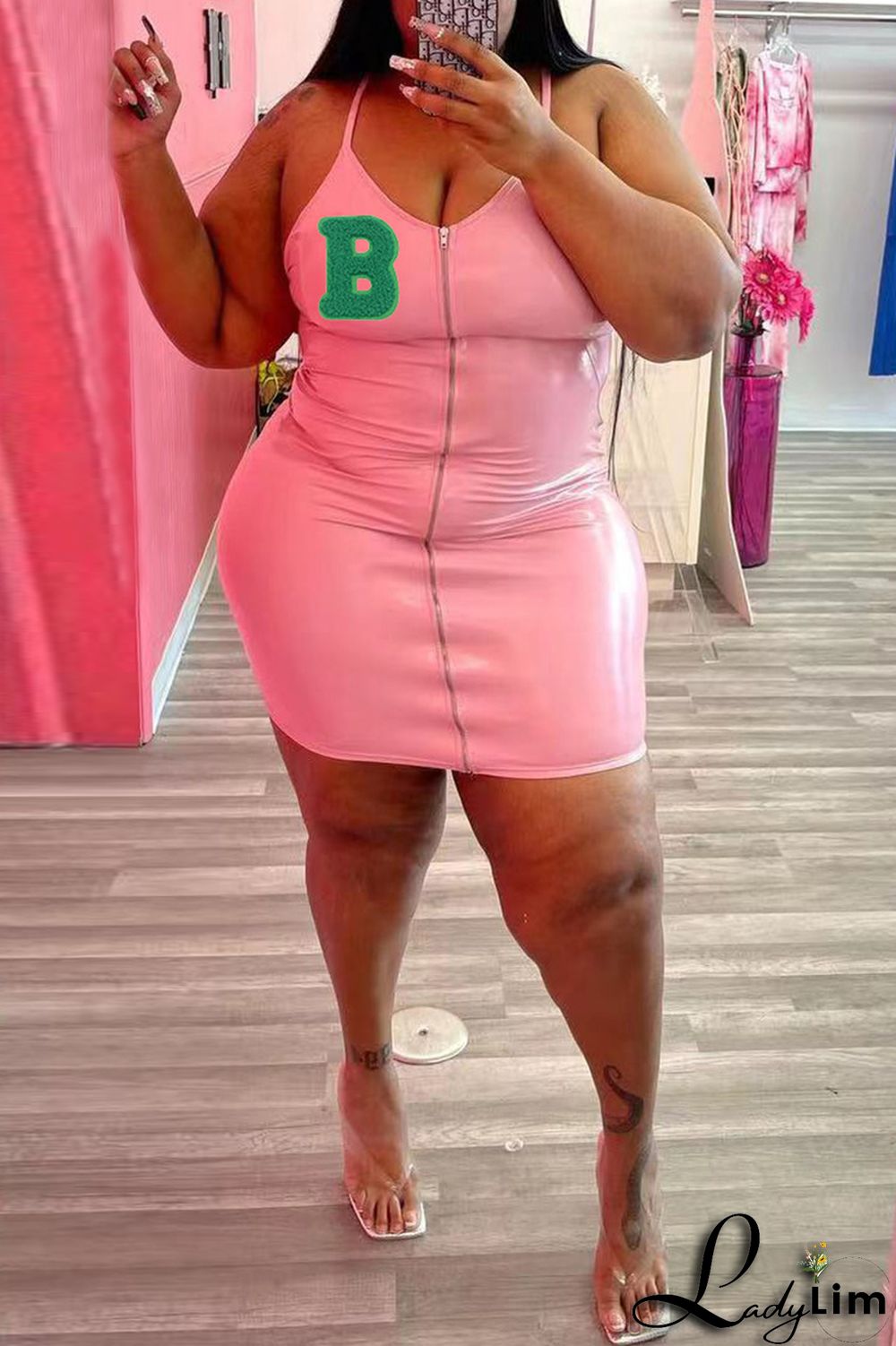 Black Fashion Sexy Plus Size Letter Backless V Neck Sling Dress