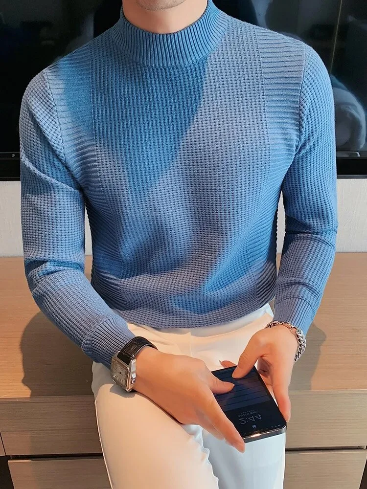 Aonga - Stretch Slim Knitted Sweater Mens Casual Solid Color Plain Bottoming Pullover Tops Turtleneck Long Sleeve Men Fall Knit Sweaters