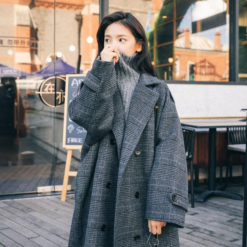 Plaid woolen coat women's mid-length Korean style loose winter new loose over-the-knee woolen coat