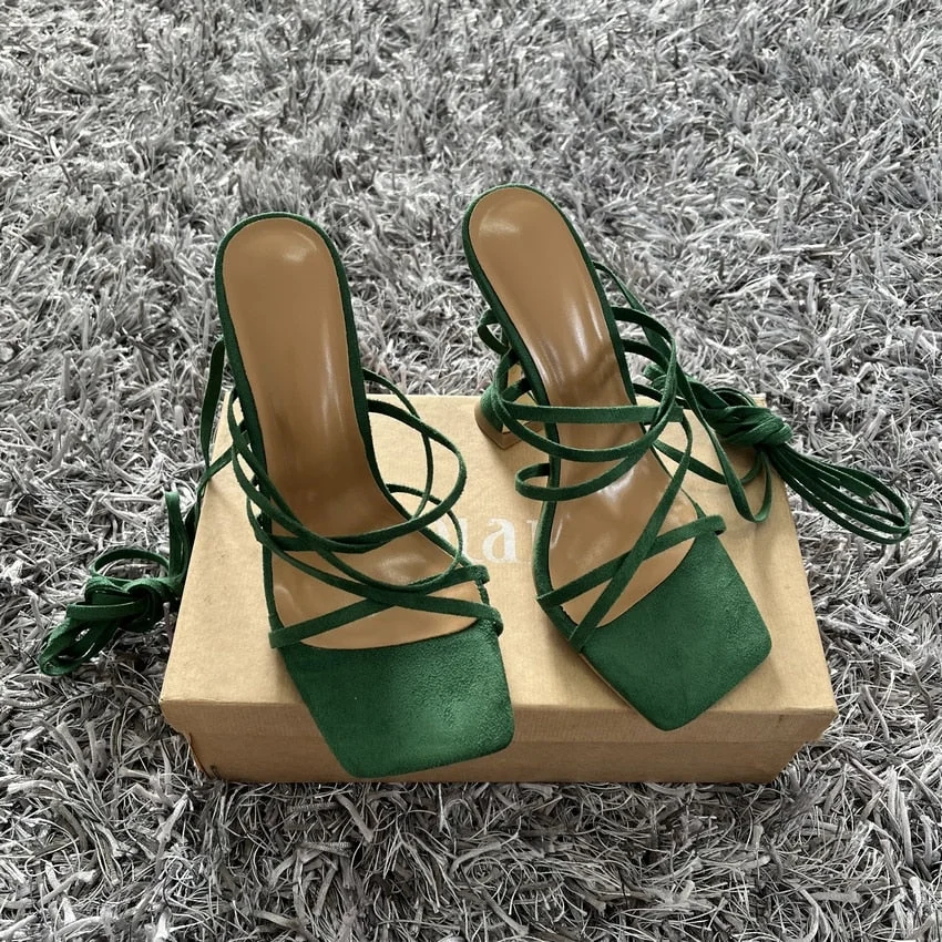 2022 Summer Green Orange Women Sandals Fashion Cross-Tied High Heels Shoes Sexy Lace Up Party Pumps shoes Woman Size 35-42