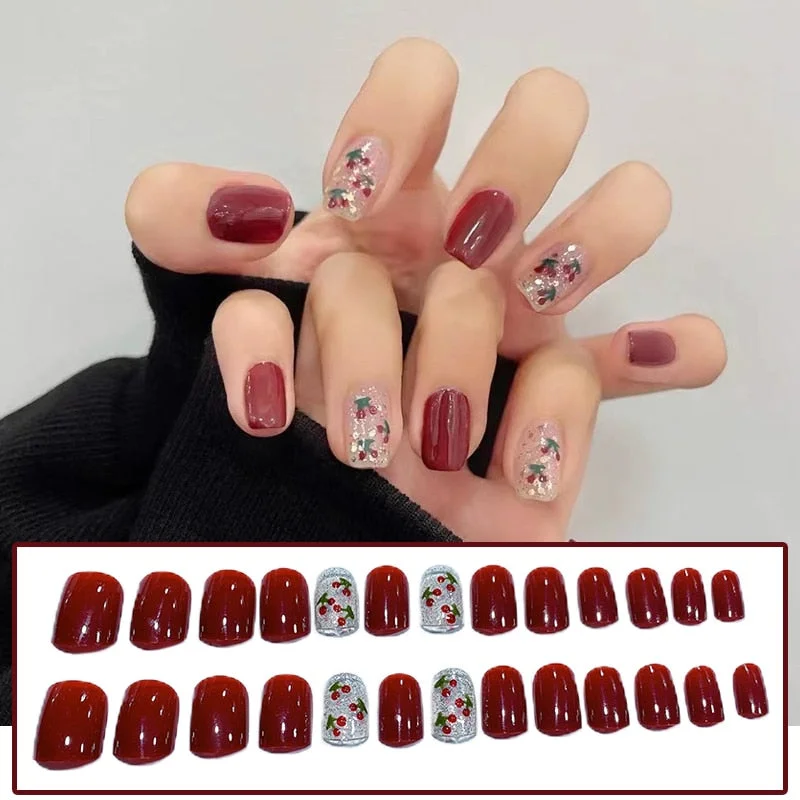 24Pcs/box Full Cover Short round press on nails Pink Dripping Shape Heart Bride nail tips Wearable Fake Nail with Glue for girls-Nail Inspo