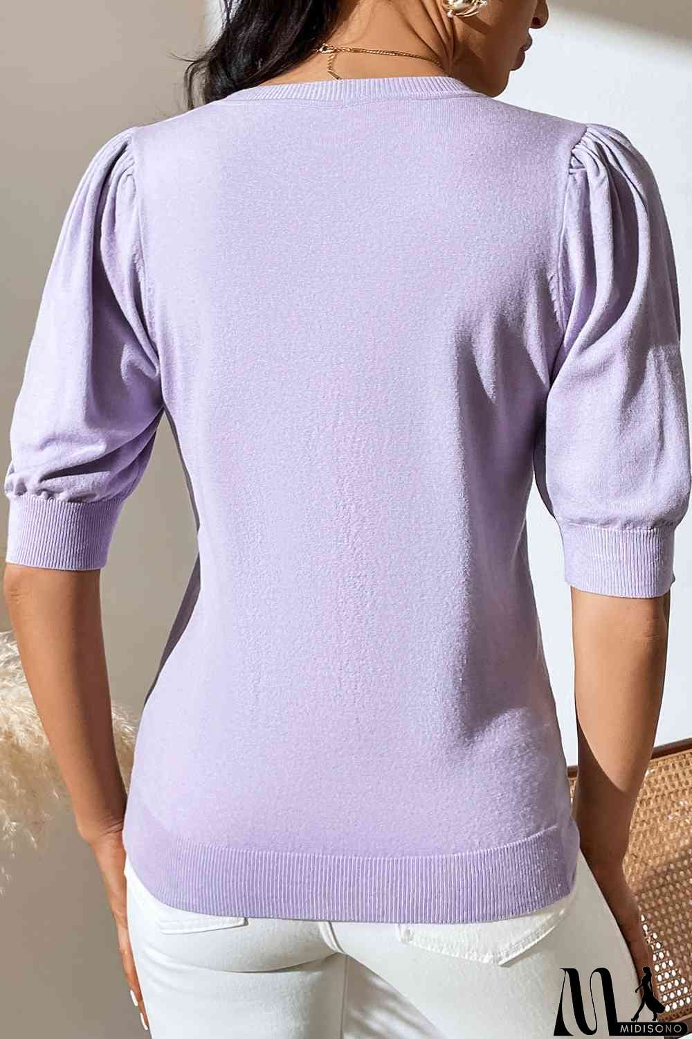 MidiSono - Round Neck Puff Sleeve Knit Top