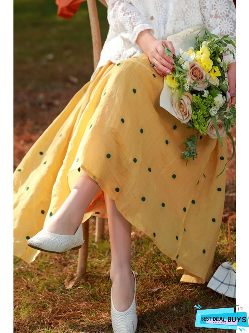 Vintage Cotton and Linen Double-Layer Skirt Print Elegant Mid-Length Skirt