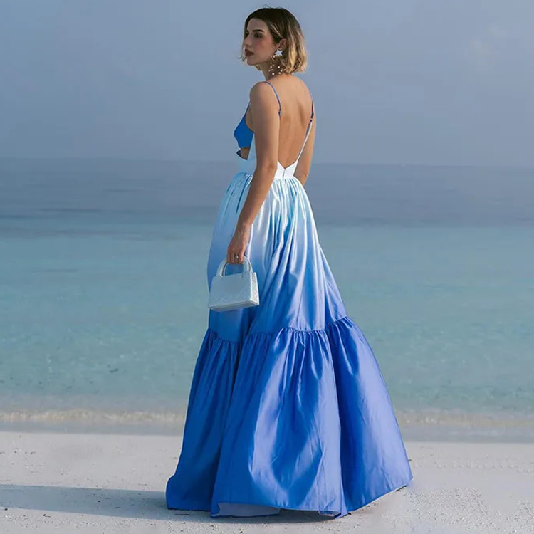 Sling Backless Ombre Printed Maxi Dress