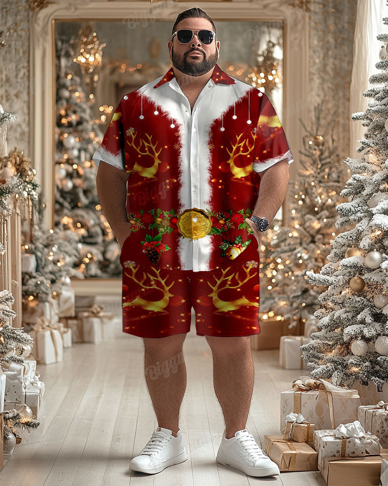 Men's Plus Size Christmas Elk Short Sleeve Shirt Shorts 2-Piece Set