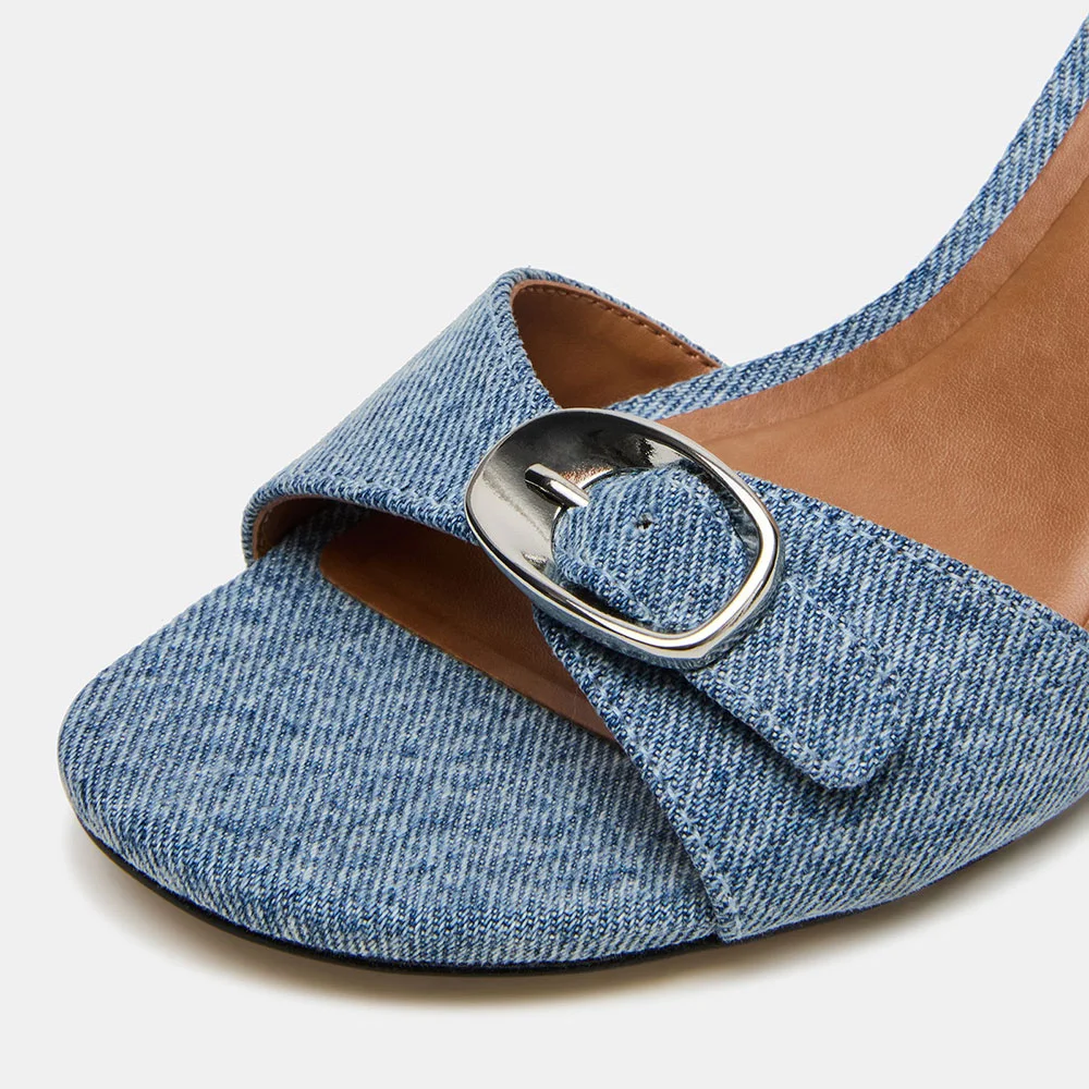 Blue Denim Open Toe Buckle Stiletto Heel Slingback Summer Sandals