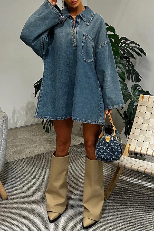 Smart Lapel Zipper Denim Long Sleeve Loose Mini Dress