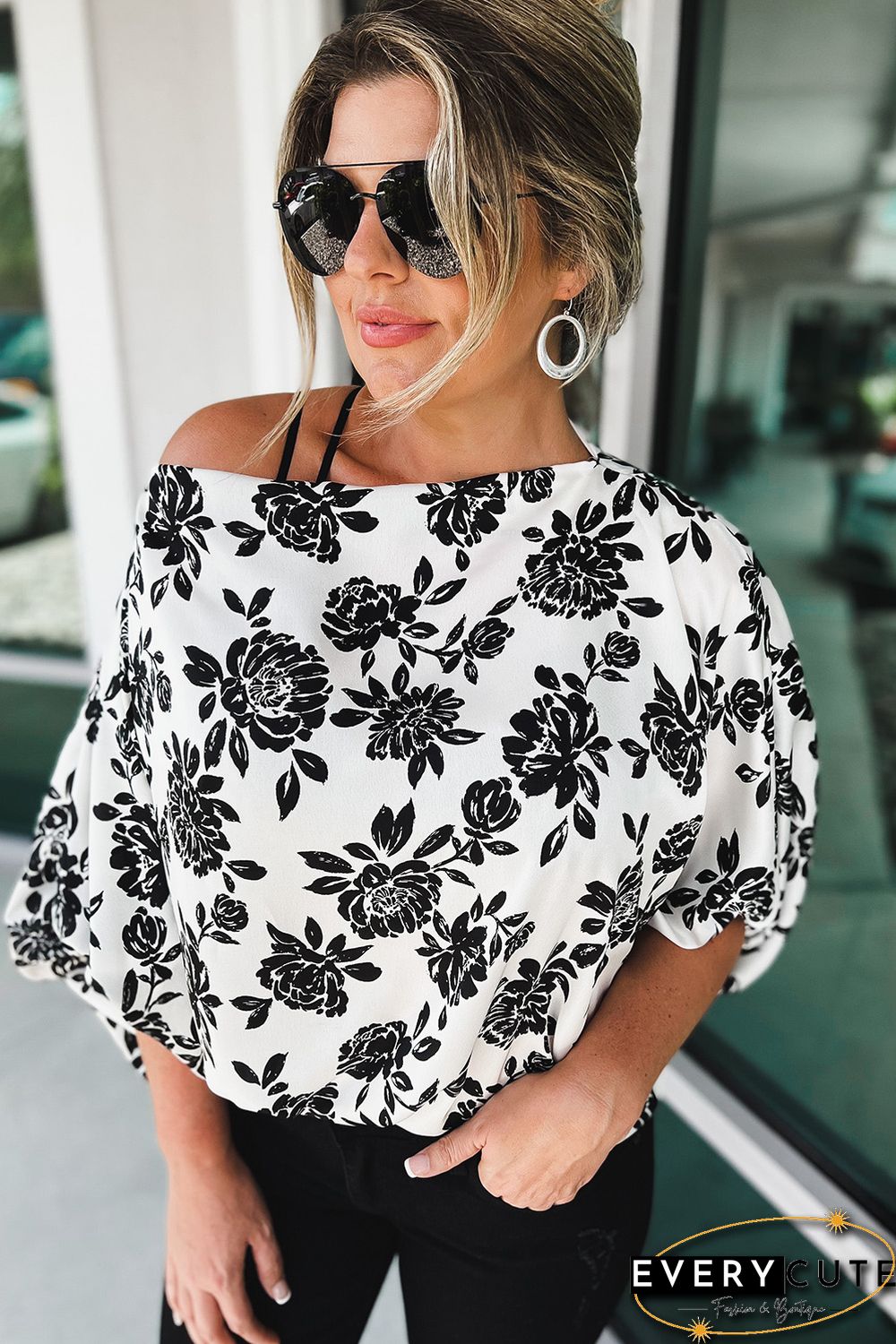 White Opposites Attract Boat Neck Floral Dolman Sleeve Top