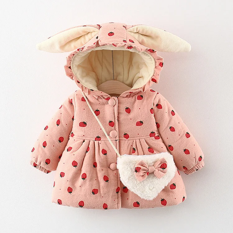 Baby Toddler Ears Strawberry Quilted Coat with Bag