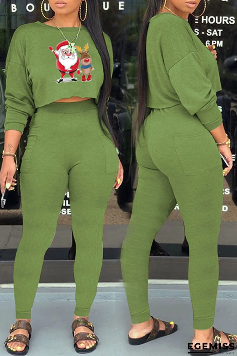 Green Casual Print Santa Claus Pocket O Neck Long Sleeve Two Pieces | EGEMISS