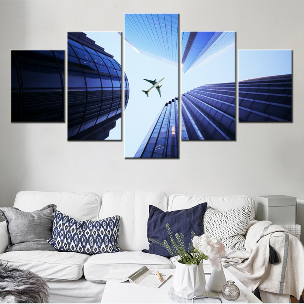 5 Pieces Wall Art Canvas Poster Airplane Architecture  Skyscrapers Wallpaper Living Room Picture Print Bedroom Mural Home Decor