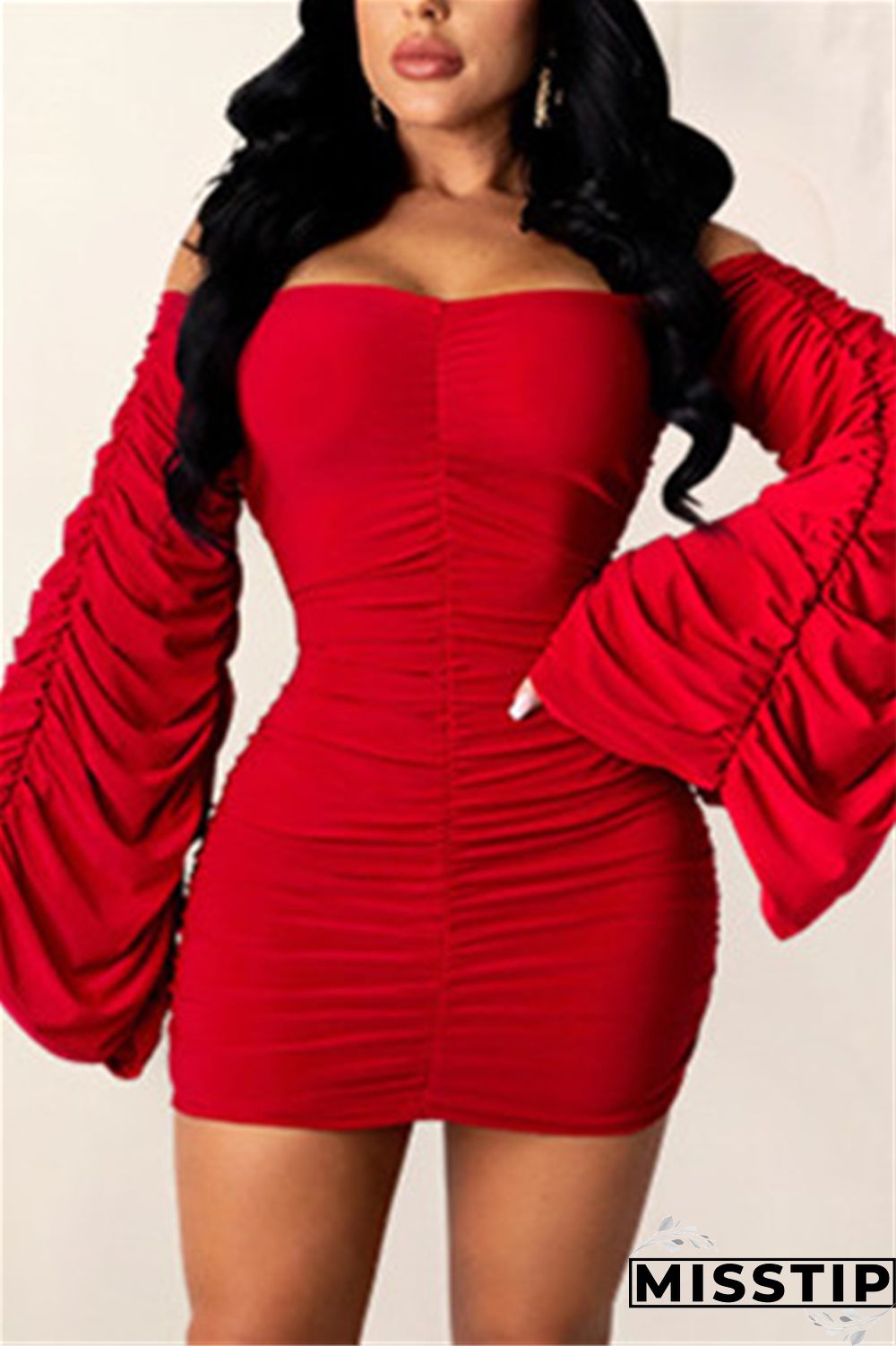 Black Fashion Sexy Flare Sleeve Long Sleeve Bateau Neck Mini Solid Dresses