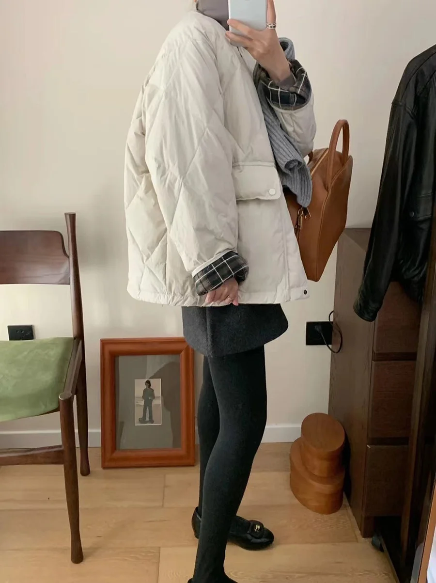 Woherb Down Jacket Short Style 2024 Winter Sweet Round Collar Grid Stitching Light Small Diamond Bread Coat Tide-Outfit Ideas