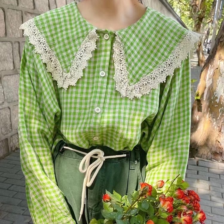 Queenfunky cottagecore style Linen Lace Plaid Blouse QueenFunky