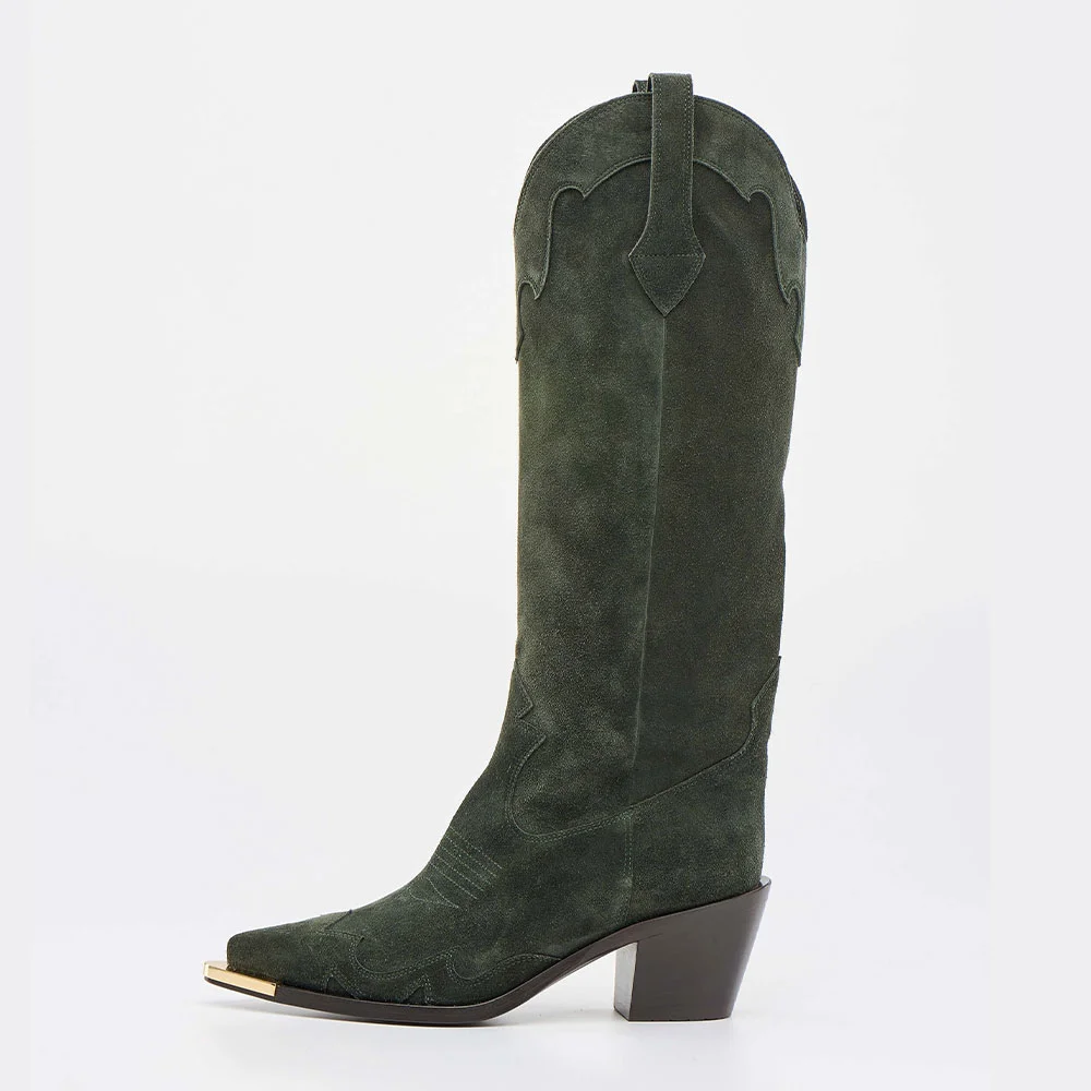 Green Mid Calf Embroidered Pointed Toe Vegan Suede Cowboy Boots