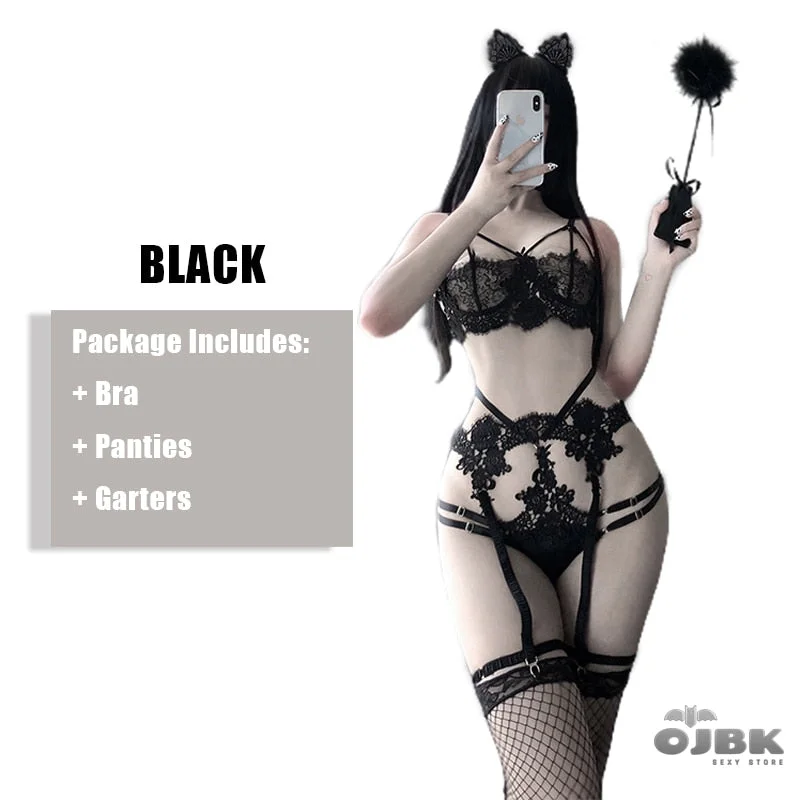 Sexy FloraL Lingerie For Women Erotic Bra Set Underwear Pajamas Mesh Extoic 3 Pcs Outfit Porno Couple Flirting Clothes New 0678