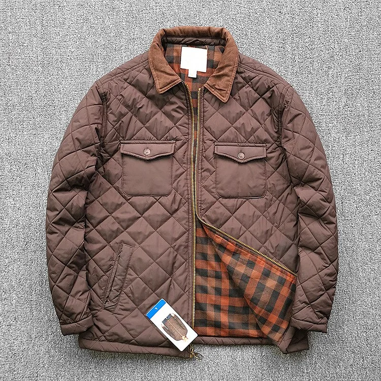 Men's Diamond Check Clamp Cotton Jacket Waterproof With Pocket Cargo Cotton Coats Vintage Casual Cotton Outerwear Male