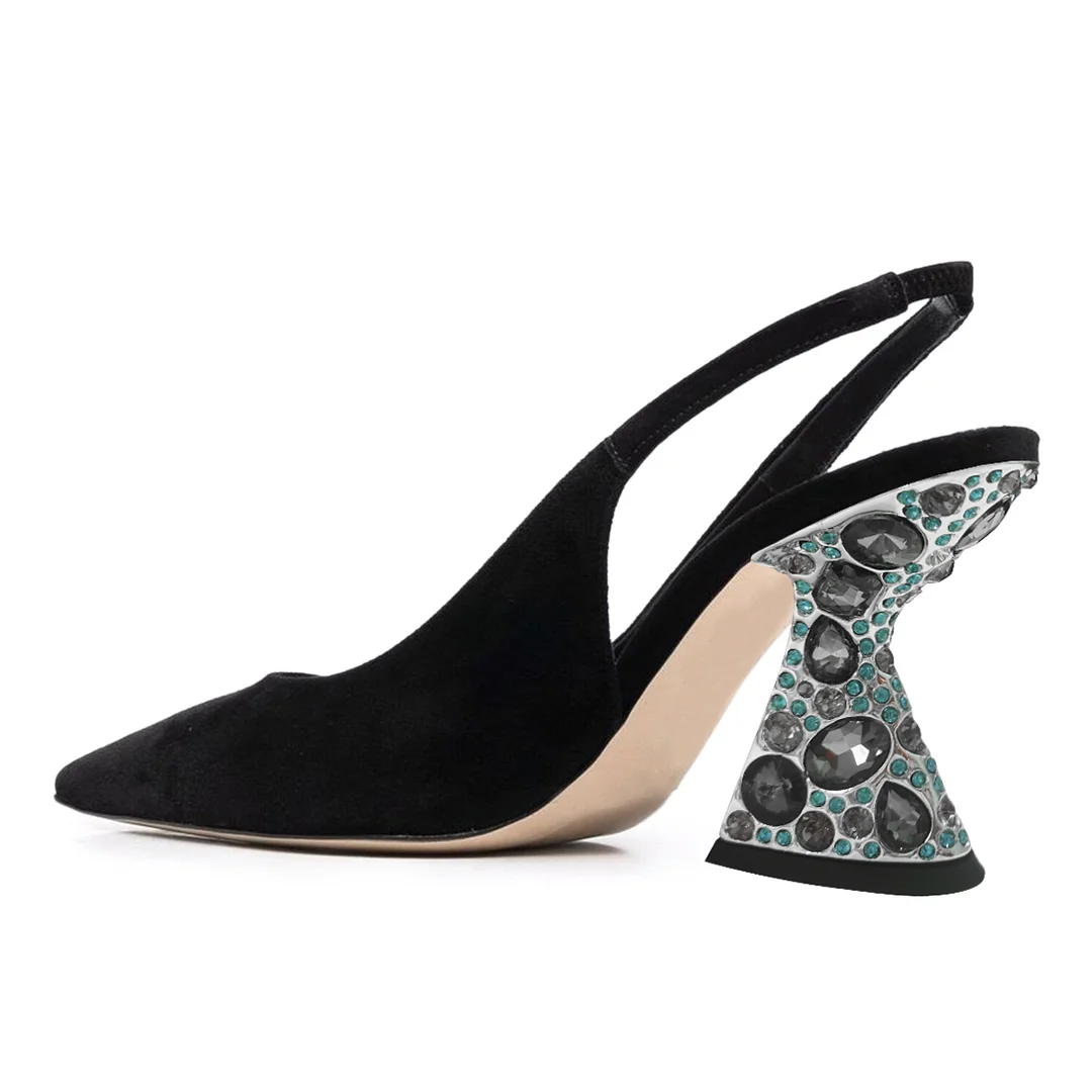 Faux Suede Pointed Rhinestone Embellished Slingback Pumps in Black 
