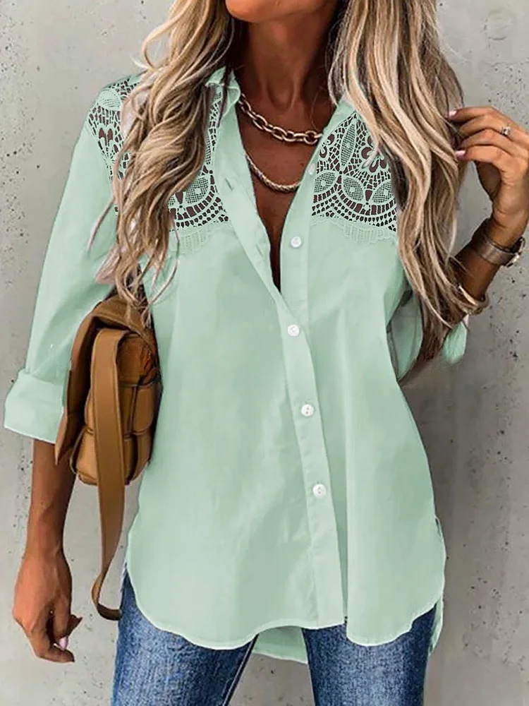Loose Long Sleeve Lace Stitching Lapel Shirt Solid Color Women's Cardigan Single Breasted socialshop