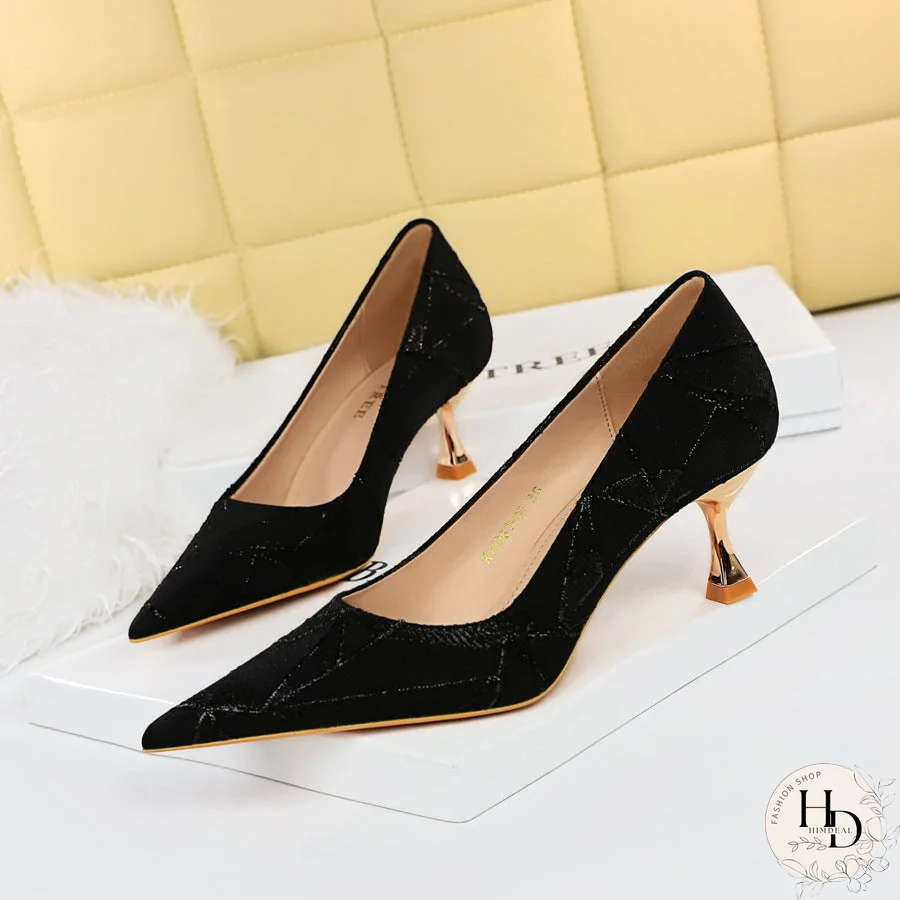 Tacones altos elegantes Bombas Tacón de metal Zapatos negros con punta en punta