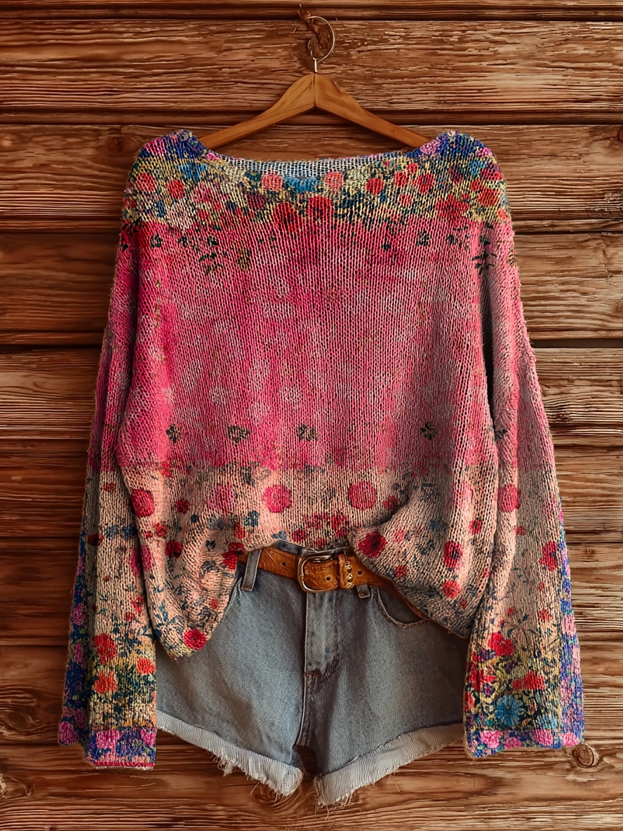 Women's Vintage Floral Pattern Art Print Casual Pullover Sweater