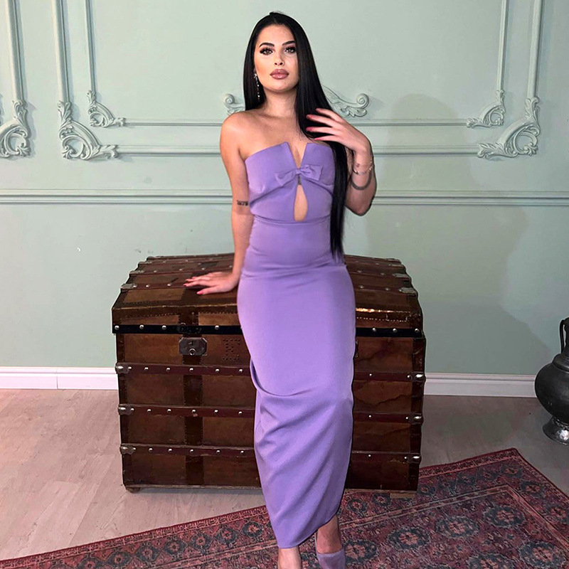 Ootddress Tee Bow Off-Shoulder Slim Long Dress For Women Patchwork Fashion Elegant Hollow Out Backless Clothes Female Party Dress