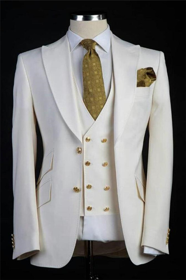 Luluslly White Gold Buttons Wedding Suits For Men Three Pieces