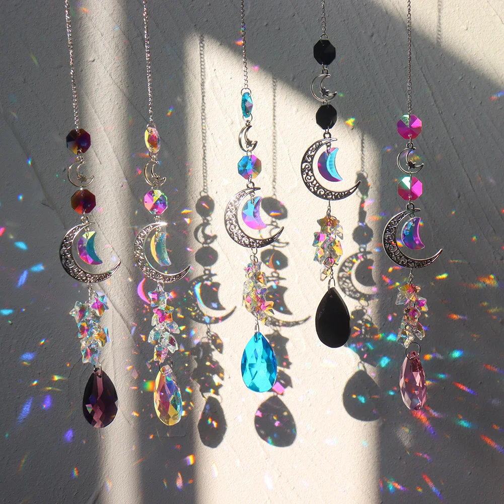 Crystal Diamond Wind Chimes Metal Hexagon Star Moon Hanging Ornaments Decor