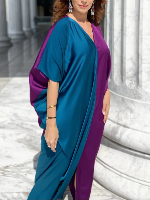 High Fashion Satin Color Block Dress Robe-inspireuse