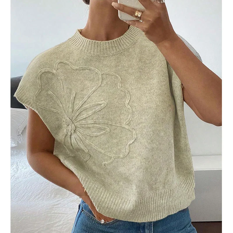 Athvotar Athvotar Loose Women's Sweater Solid Color Knitted Embroidered Sleeveless Vest Vest Topess