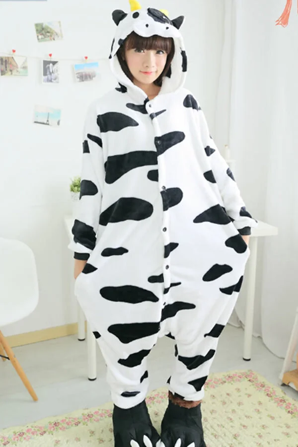 White Delicate Ladies Flannel Pajamas Cow Halloween Jumpsuit Costume-elleschic