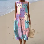 Women's Colorful Cat Art Sleeveless Dress - Image 2
