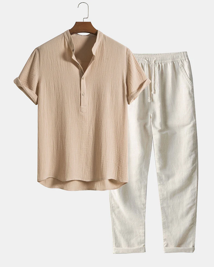 Linen Blend Striped Half Open Placket Henley Collar Shirt & Straight Leg Linen Pants 3 colors