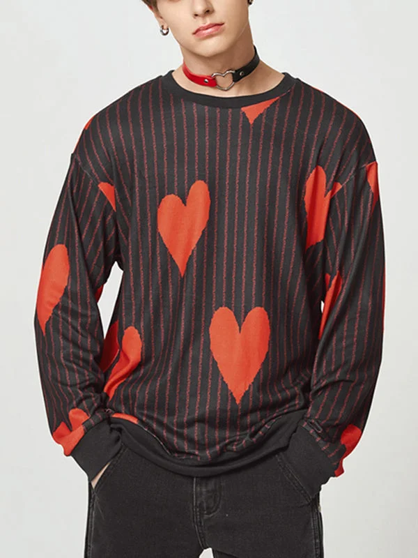 Aonga - Mens Heart Striped Print Long Sleeve Sweater J