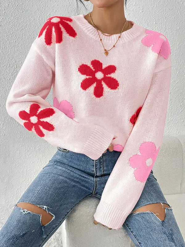 Contrast Color Flower Print Long Sleeves Loose Round-Neck Sweater Tops