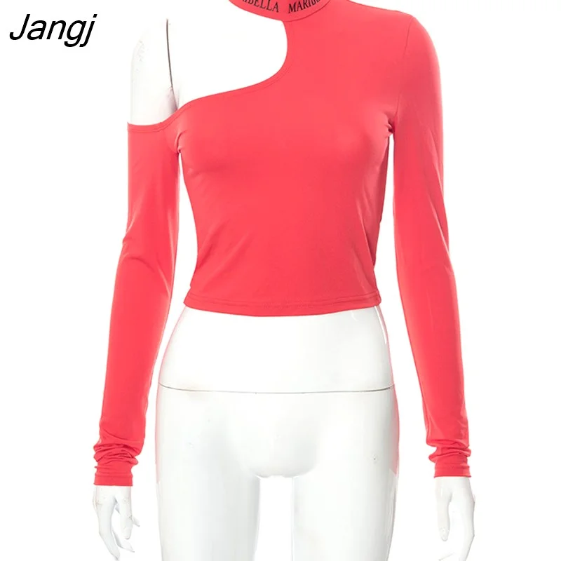 Jangj Sexy Off The Shoulder Letter Skinny Tops Women Solid Half Turtleneck Long Sleeve T-shirt Club Streetwear Hollow Out Tees