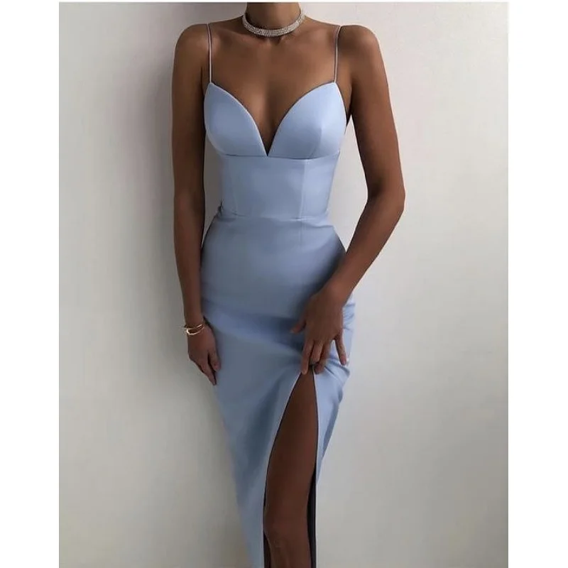 2021 Spaghetti Strap Solid Women Bandage Dresses Sleeveless Mid-Calf V-Neck Party Club Dress Sexy Fashion Elegant Dresses
