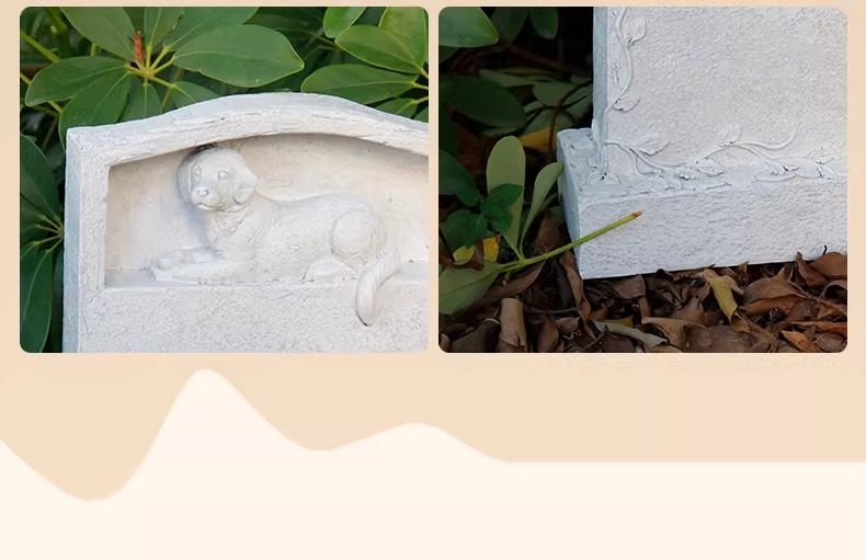Custom carved resin dog tombstone in the garden 

Pet tombstone with name and date - Outdoor display 

Close-up texture of weather-resistant pet memorial stone 

Personalized dog tombstone