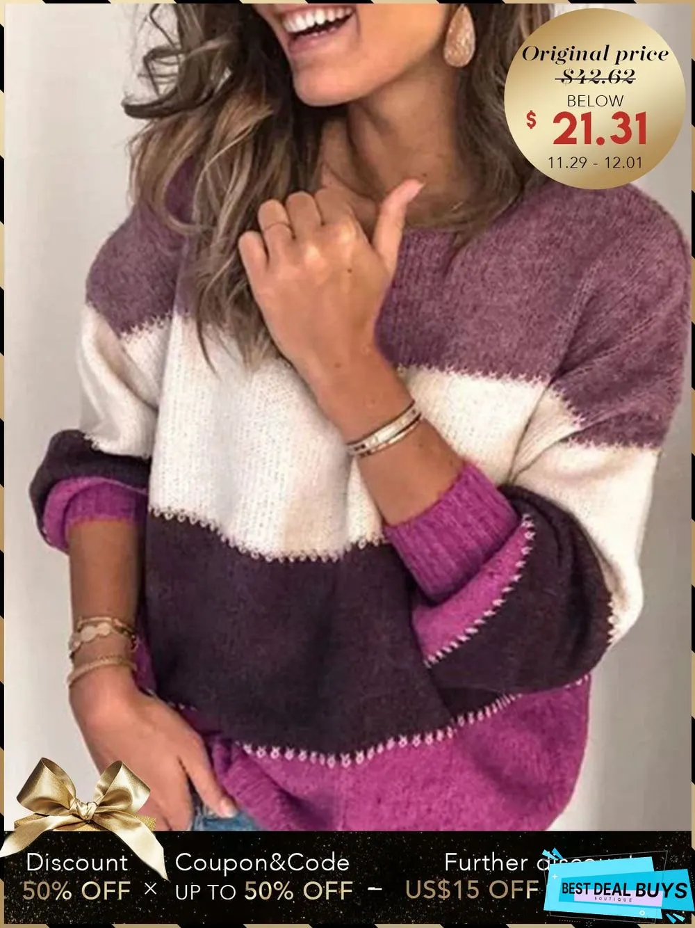 Long Sleeve Casual Paneled Crew Neck Sweater