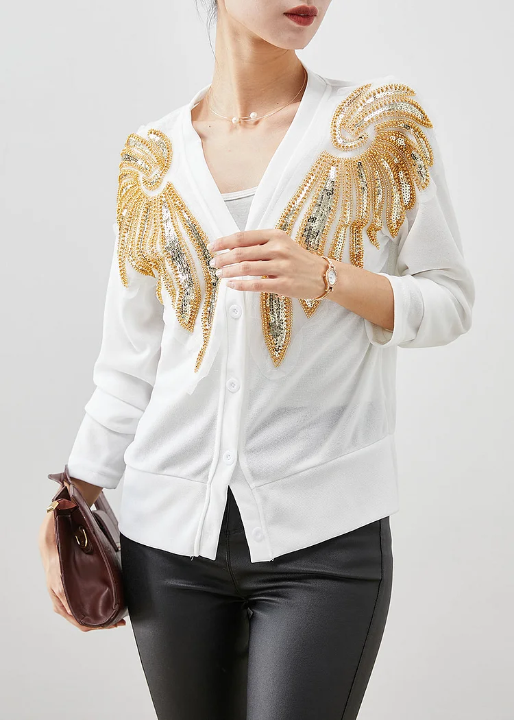 White Warm Cotton Cardigans Sequins Nail Bead Fall