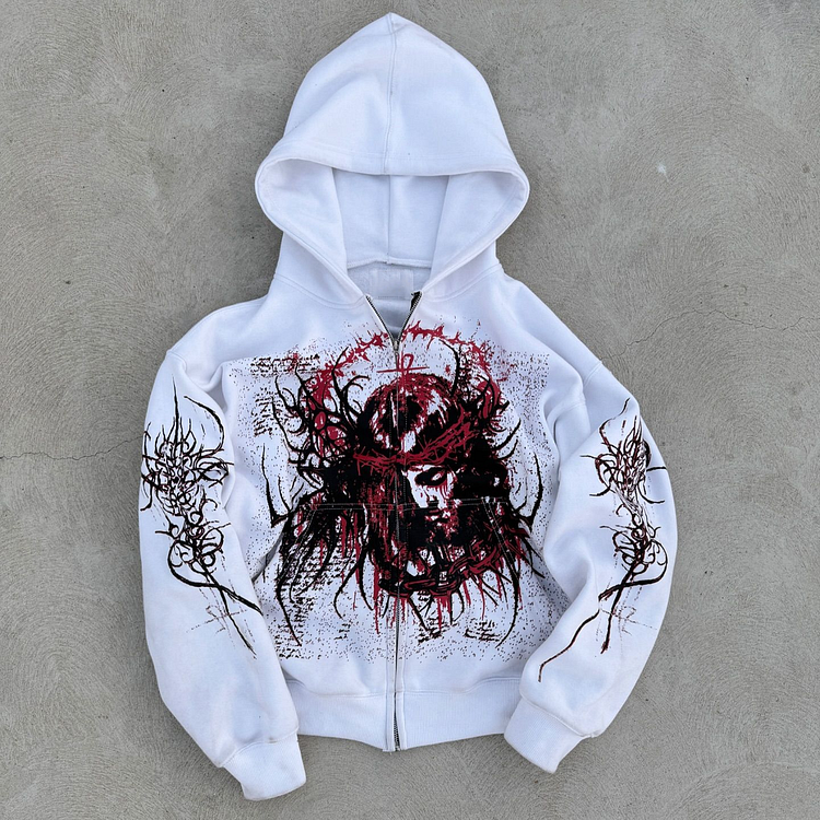Religious Vintage Jesus Flame Graphic Plus Velvet Pocket Zip Hoodie