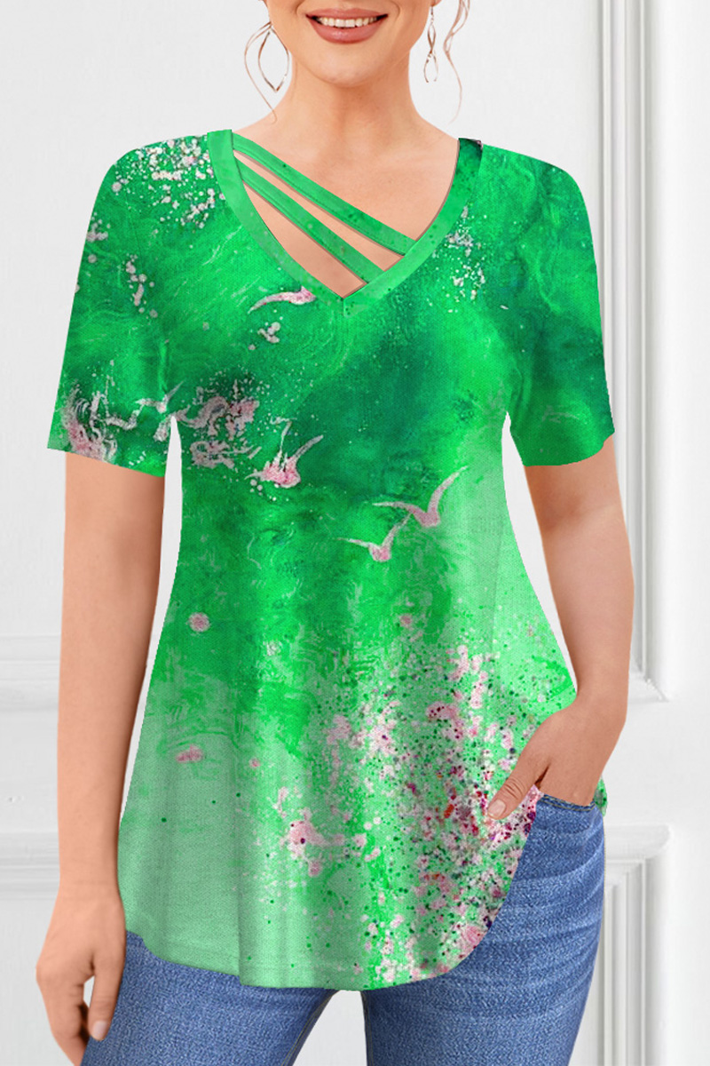 Flycurvy Plus Size Casual Green Lace-Up Texture Print Blouse 2024 - Flycurvy 