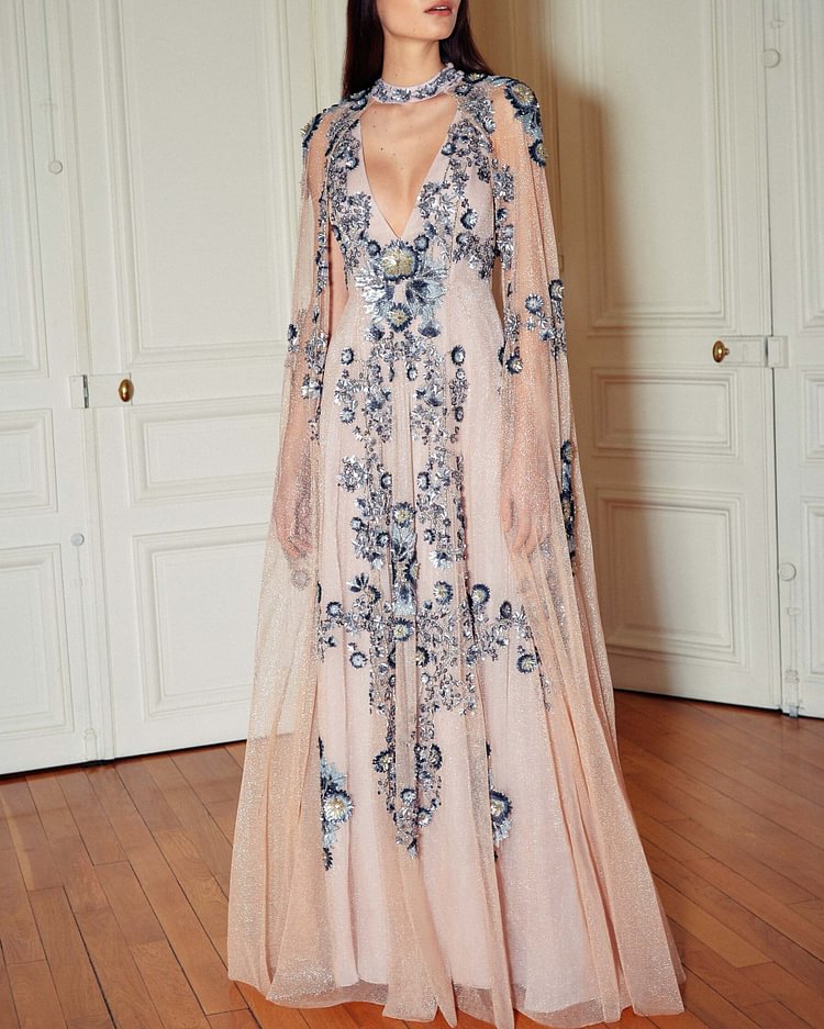 Shawl Embroidered Oversize Evening Gown