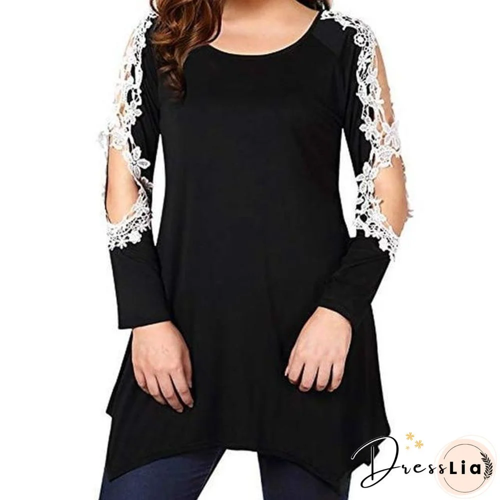 Plus Size Women Lace Patchwork Tunic Blouse Long Sleeve Casual Blouse Tops
