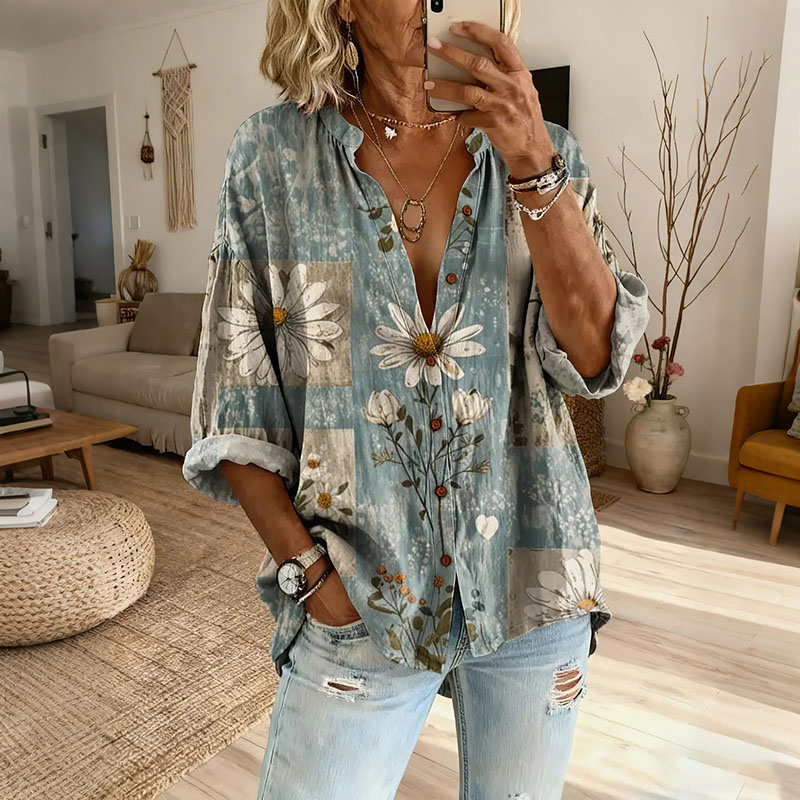 Women's Retro Daisy Print Casual Shirt wearshes