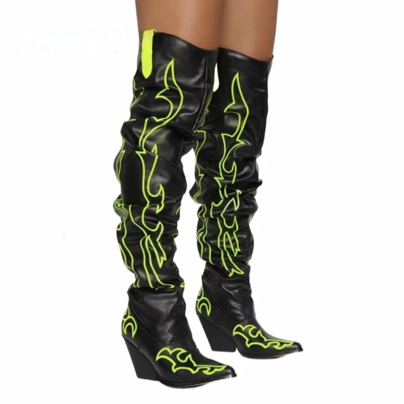 VCSHOES Women Boots Retor Cowboy Embroidery Spike Heels Boots Pointed Toe CowGirl Long Hoof Heels Boots Zapatos De Mujer