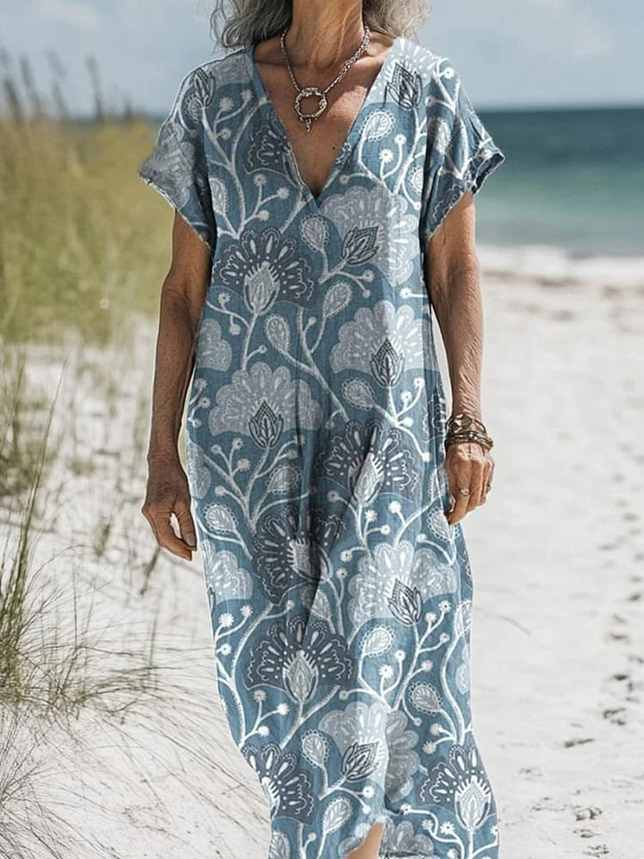 Vintage Floral And Vine Pattern Printed Women's Pocket Cotton Dress