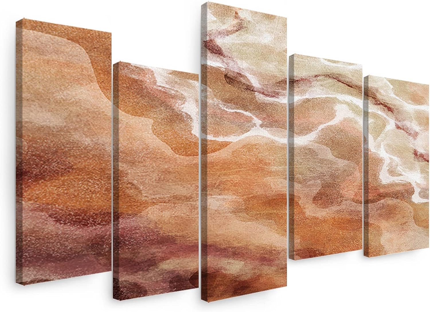 Sunteeny Canvas Wall Art 5 Piece Set for Living Room, Boho Coastal Beach Ocean Waves Brown Gradient Picture Wall Decor Canvas Print Painting for Bathroom, Bedroom, Dining Room, Office, 12&#034;x24&#034;x4pcs, 12&#034;x32&#034;x1pc