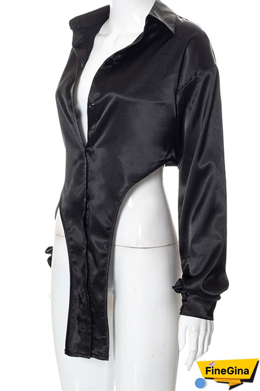 Black Street Solid Patchwork Buckle Asymmetrical Turndown Collar Tops